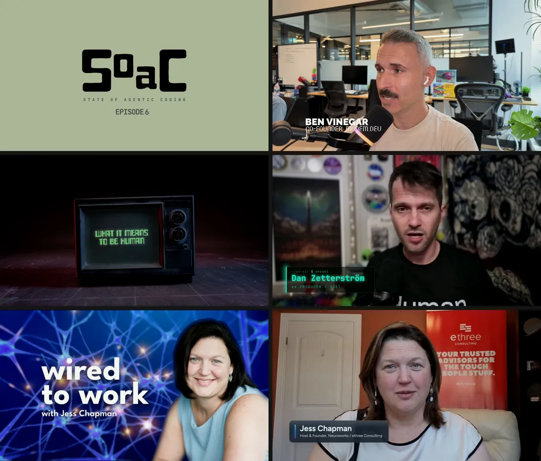 Frames from the three shows: each show’s title card beside a host with their lower third