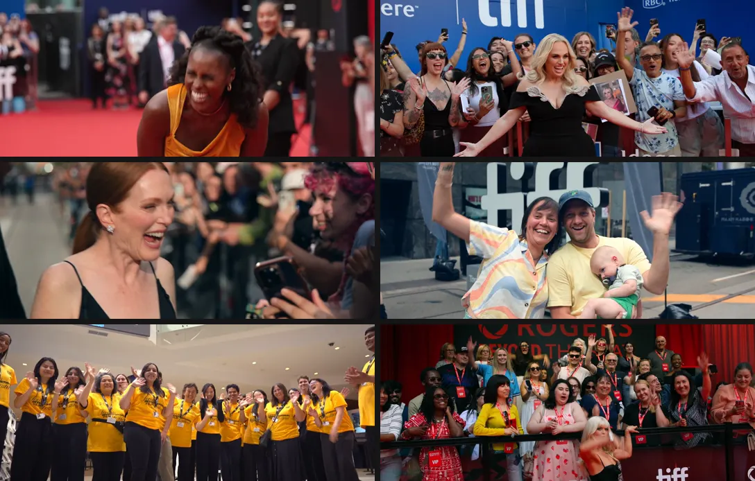 Six frames from the TIFF 2026 closing trailer: laughter on the carpet, fans behind the barricade, volunteers cheering